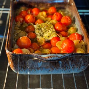 one pot pasta, cherry tomaten, feta, auflaufform, gewürze