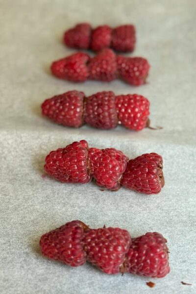 Die Himbeeren mit der Haselnuss-Schokolade-Dattelcreme füllen – am einfachsten gelingt das mit kleinen Spritzbeuteln. Anschliessend je drei Himbeeren zu kleinen Stangen zusammensetzen. Diese auf ein mit Backpapier ausgelegten Teller oder Backblech legen und etwa 2 Stunden tiefkühlen. Die Schokolade schmelzen und die gefrorenen Himbeer-Stangen darin eintauchen, sodass eine möglichst dicke Schicht entsteht. Danach die Himbeeren erneut für 2 bis 3 Stunden in den Tiefkühler geben. Falls noch Schokolade übrig ist, kann man diese nach Belieben etwas verdünnen und die Schokoladen-Himbeeren damit verzieren. Zum Schluss einfach reinbeissen und geniessen!