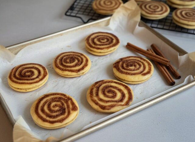 Zubereitung ✨ 1. Zimt-Swirl vorbereiten: Butter schmelzen und mit Zimt, Zucker und Premium Vanilleextrakt von Dr. Oetker gründlich verrühren. Die Mischung in einen Spritzbeutel mit kleiner Öffnung füllen und zur Seite stellen. 2. Mehl, Backpulver, Salz und Zucker vermischen. Buttermilch und Eier dazugeben und zu einem glatten Teig verrühren, aber nicht zu lange rühren. 3. Pancakes backen: Etwas Butter in einer Pfanne bei mittlerer Hitze zerlassen. Für jeden Pancake Teig hineingeben (ca. 8 cm Ø). Nach 1–2 Minuten mit dem Spritzbeutel den Zimt-Swirl spiralförmig von aussen nach innen auf den noch feuchten Teig geben. Pancake fertig backen lassen, nicht wenden. Warm stellen.